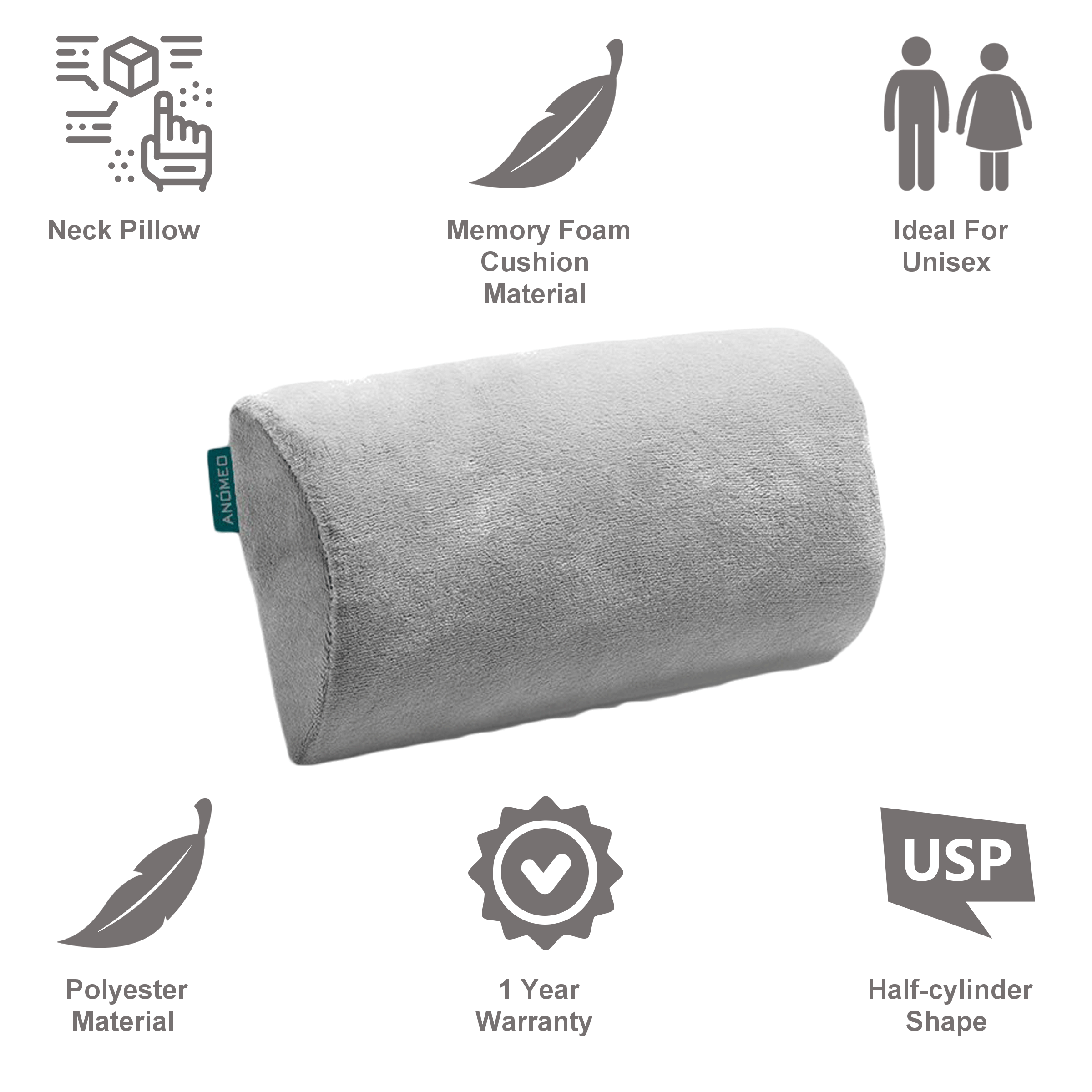 ANOMEO Half Cylinder Memory Foam Neck Pillow (Hypoallergenic and Relieves Neck Pain, 2407, Grey) ANOMEO Half Cylinder Memory Foam Neck Pillow (Hypoallergenic and Relieves Neck Pain, 2407, Grey)_3