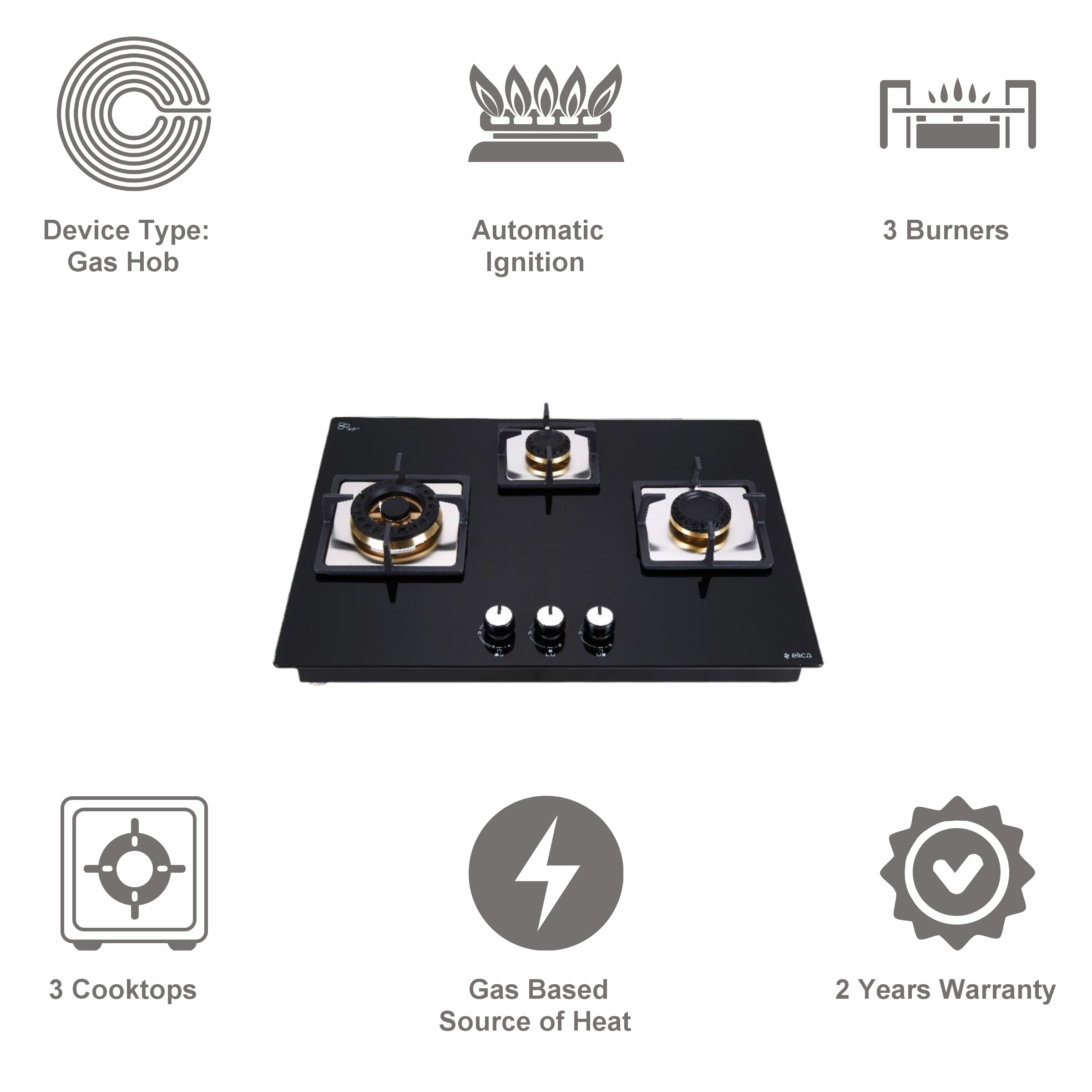 Elica FLEXI MFC FB 370 SWIRL Toughened Glass Top 3 Burner Automatic Electric Hob (Cast Iron Grid, Black)_4