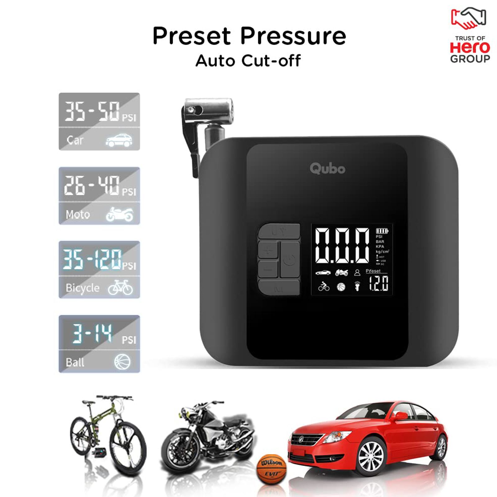 Qubo Smart Pro 150 psi Tyre Inflator for Cars & Bikes (5 Air Fill Mode, HIA02BL001, Black)_4