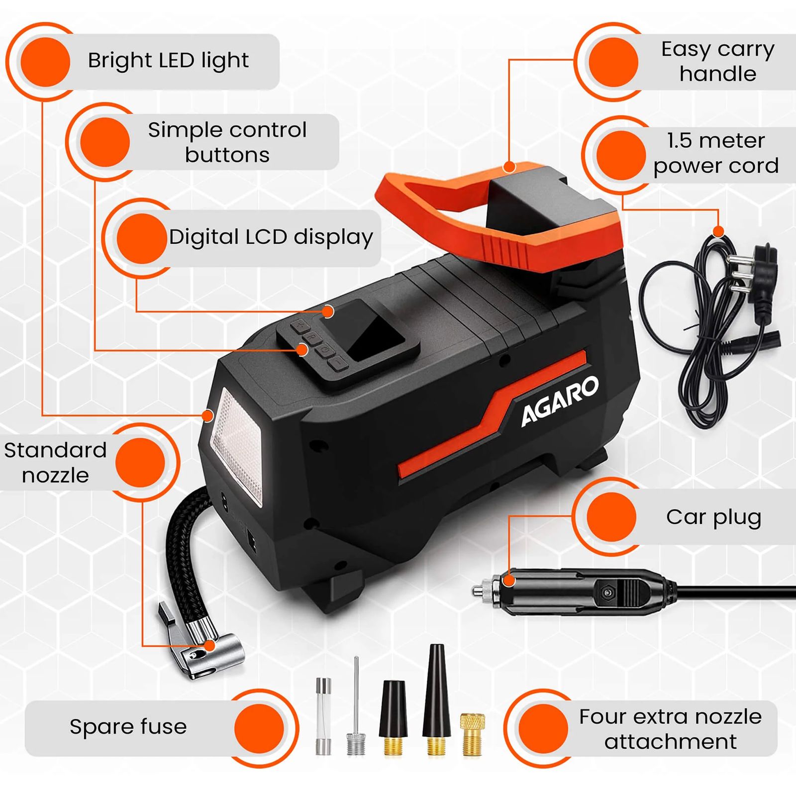 AGARO TI2157 150 PSI Tyre Inflator for Cars and Bikes (Auto Shut Off, 33720, Black)_2
