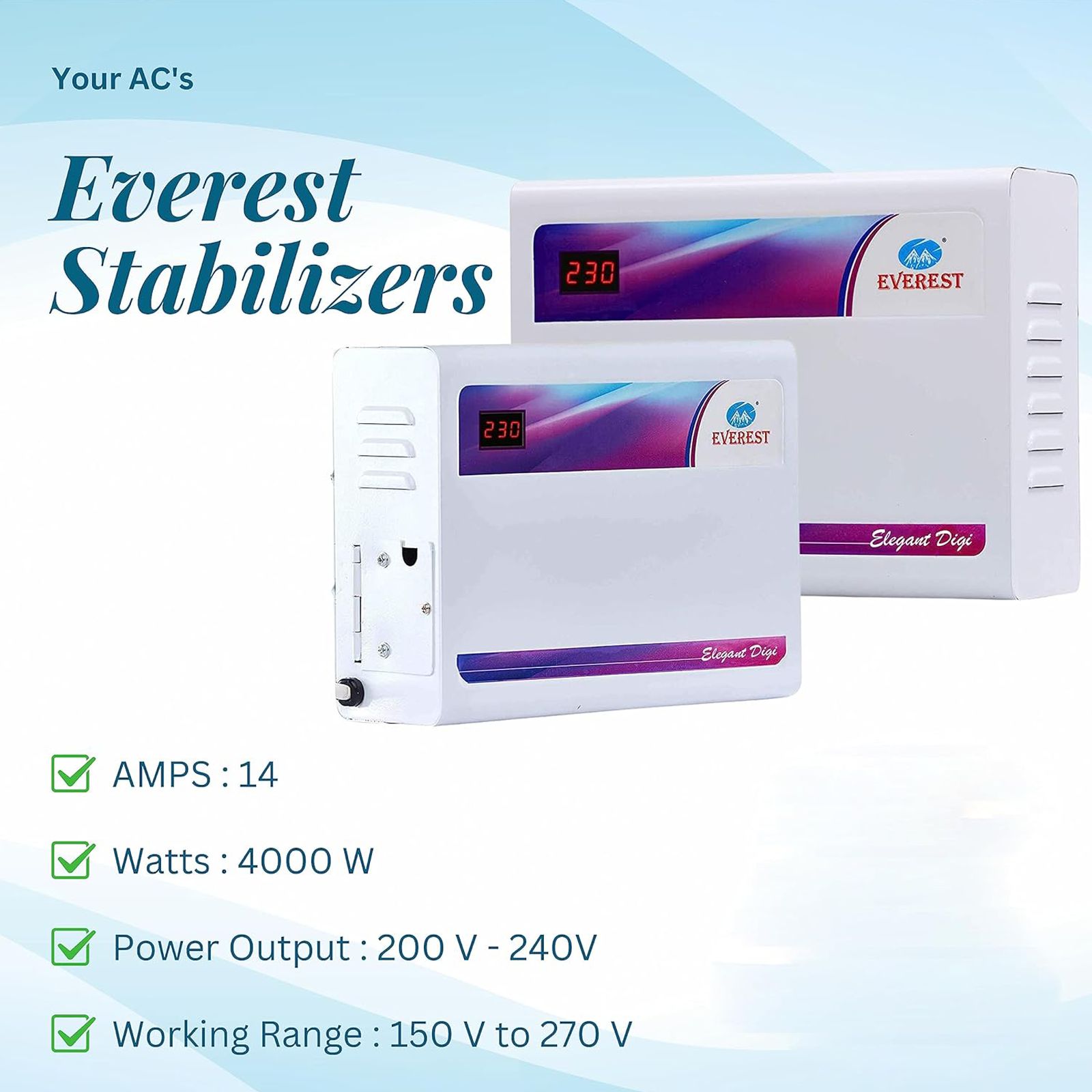 Everest EW 400 N Elegant Digi 14 Amps Voltage Stabilizer For 1.5T Air Conditioner (150 - 270 V, Thermal Protection, White)_4