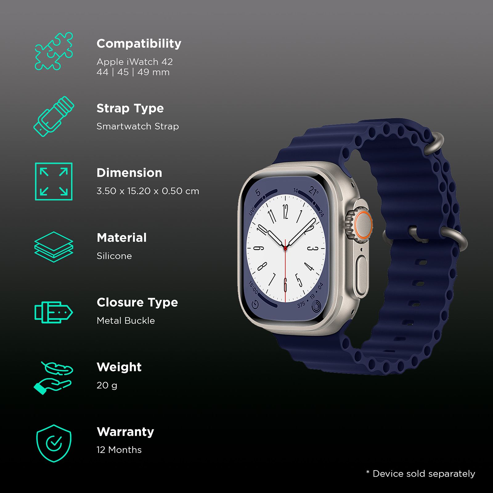 Muvtech Active Silicone Strap For Apple iWatch (42mm / 44mm / 45mm / 49mm) (High Quality Metal Buckle, Blue)_2