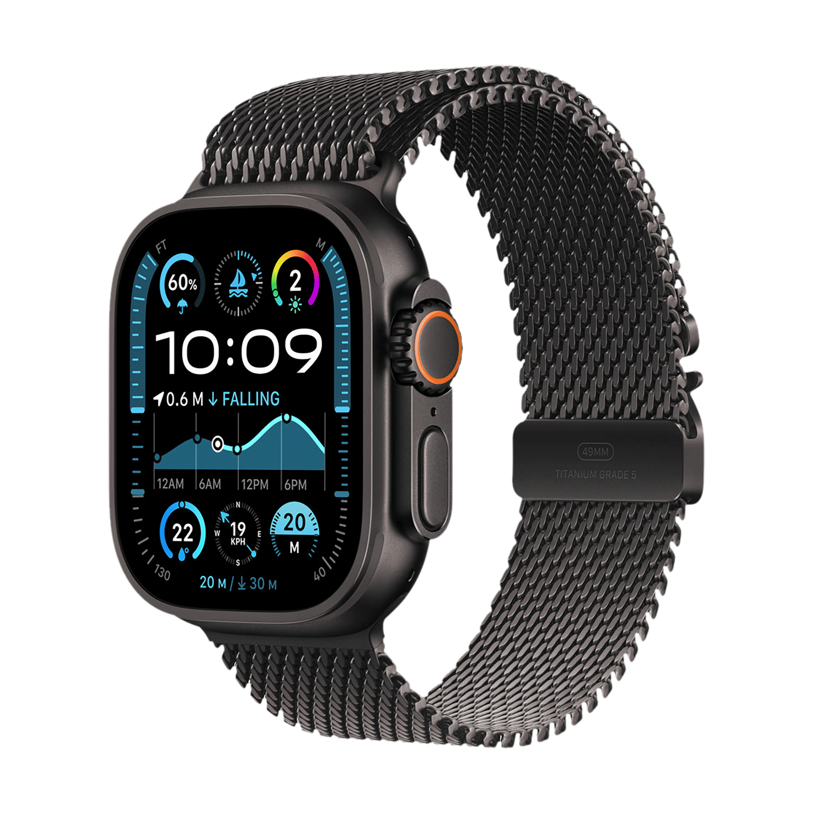 Apple Titanium Milanese Loop for Apple Watch (44mm / 45mm / 46mm / 49mm, Medium) (Secure Parachute Style Buckle, Black)_2