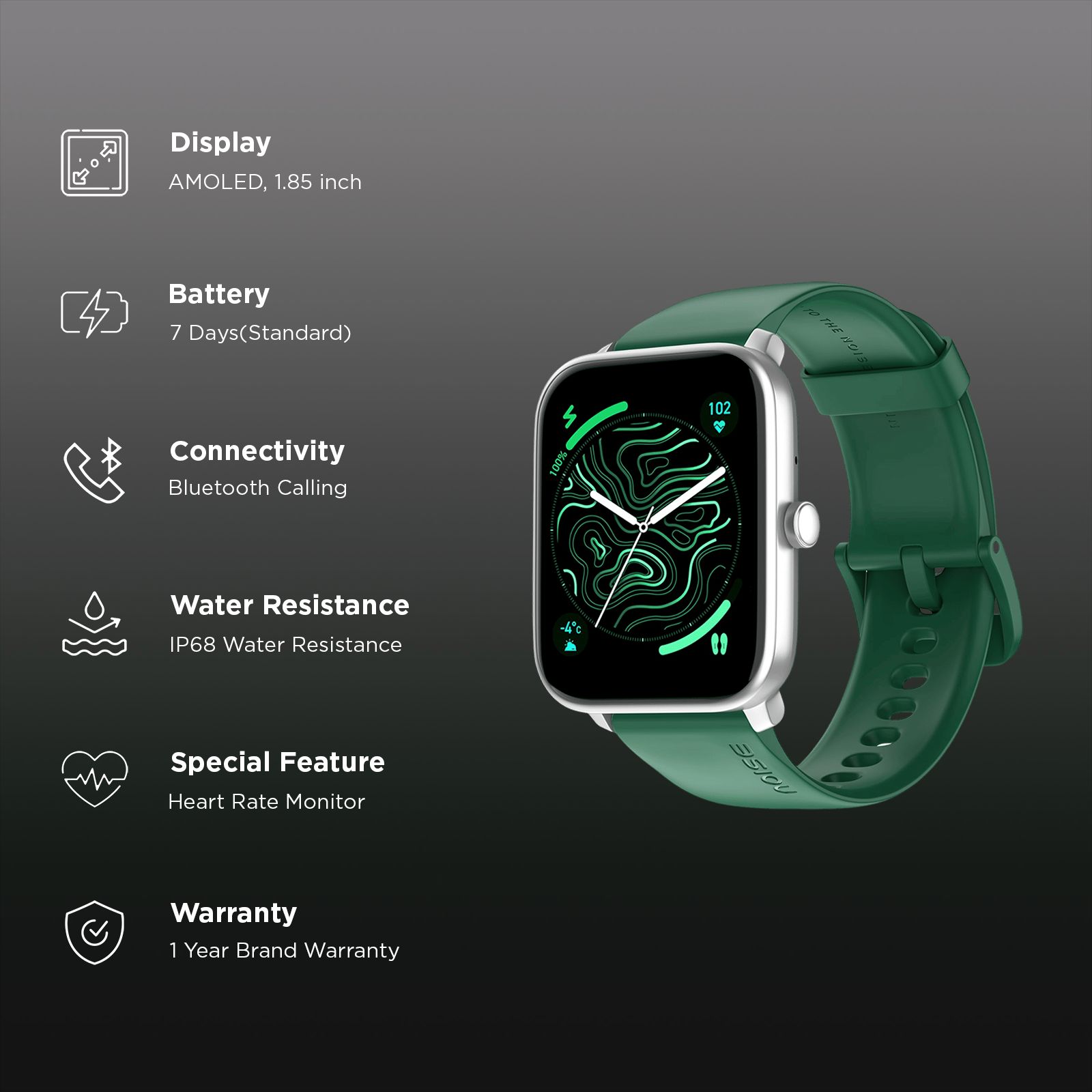 noise ColorFit Pulse 4 Smartwatch with Bluetooth Calling (46.9mm AMOLED Display, IP68 Water Resistant, Forest Green Strap)_3