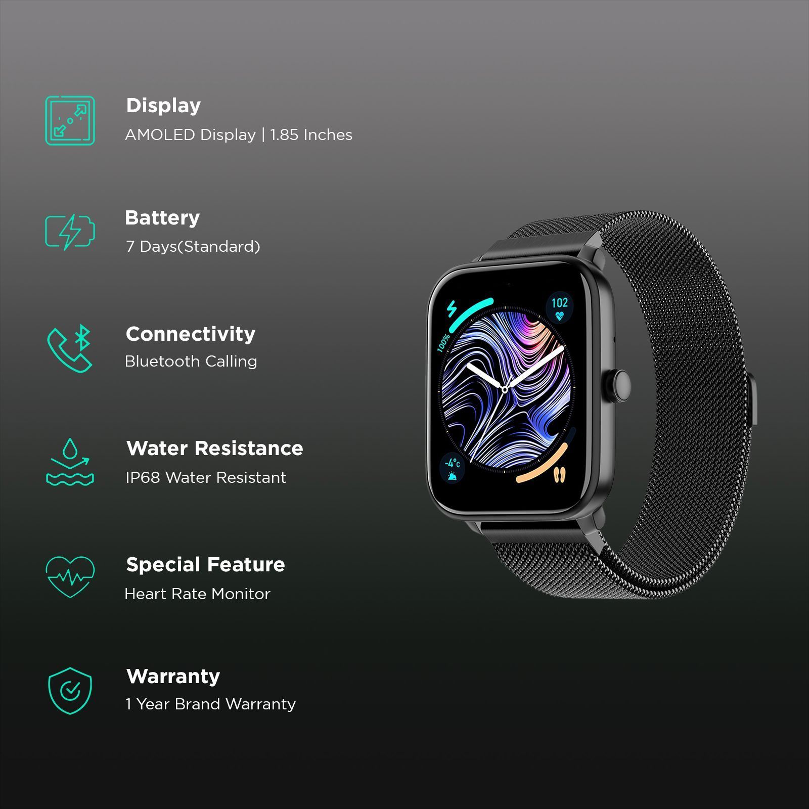 noise ColorFit Pulse 4 Smartwatch with Bluetooth Calling (46.9mm AMOLED Display, IP68 Water Resistant, Black Link Strap)_3