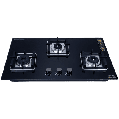 Croma Toughened Glass Top 3 Burner Automatic Hob (Double Drip Tray, Black)