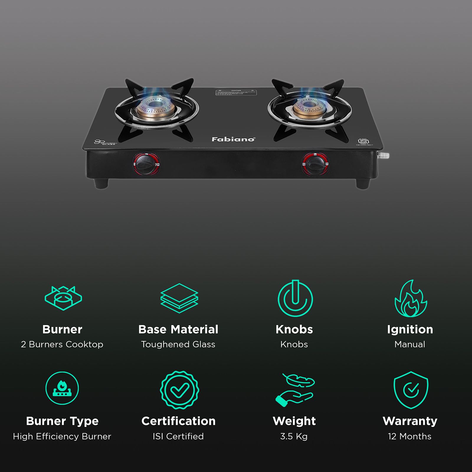 Fabiano FAB2BRNSMART Toughened Glass Top 2 Burner Manual Gas Stove (High Efficiency Burner, Black) Fabiano FAB2BRNSMART Toughened Glass Top 2 Burner Manual Gas Stove (High Efficiency Burner, Black)_3