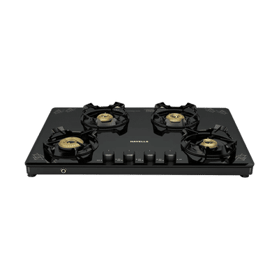 Havells Nucleus Toughened Glass Top 4 Burner Automatic Gas Stove (Heavy Duty Brass Burner, Black)