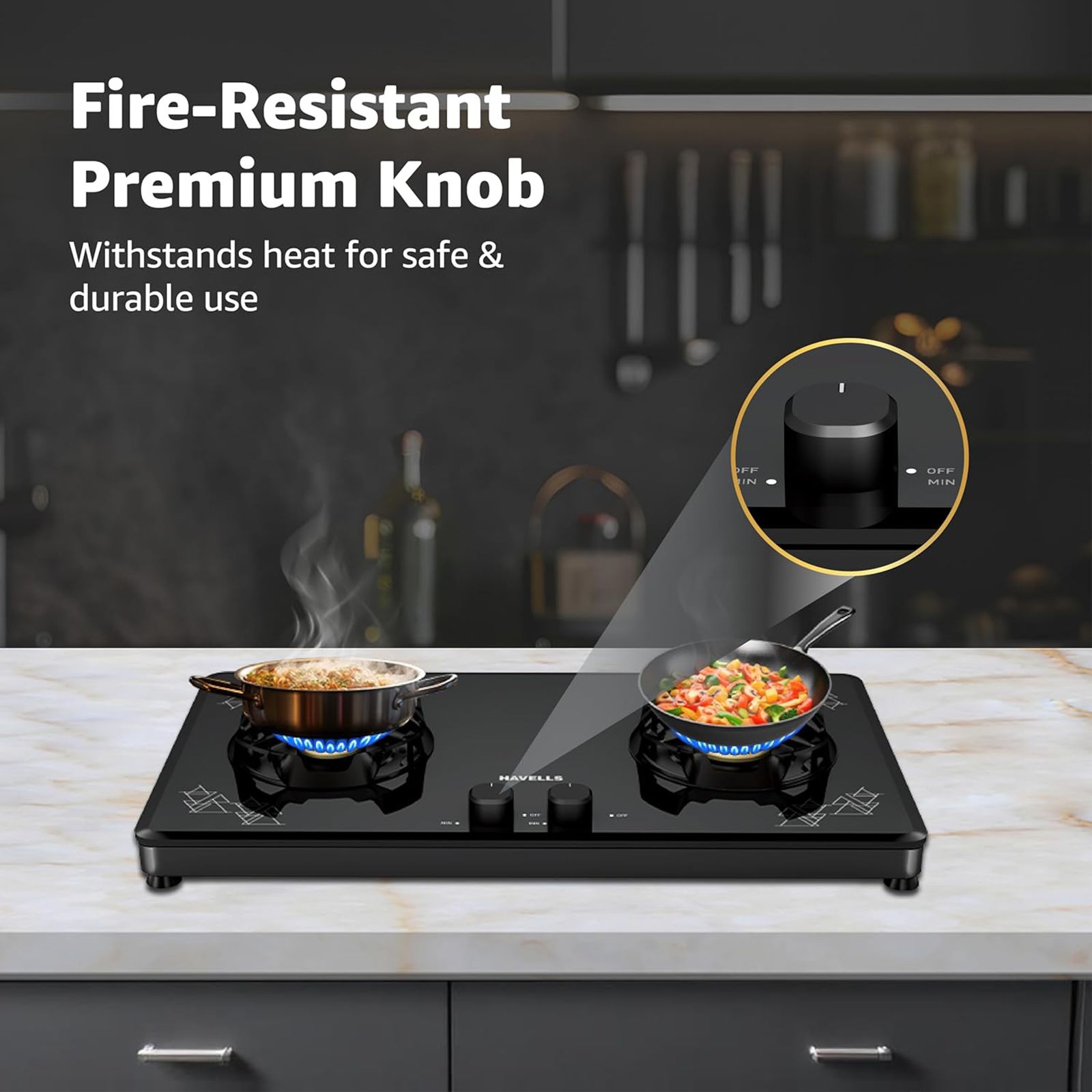 Havells Nucleus Toughened Glass Top 2 Burner Manual Gas Stove (Heavy Duty Brass Burner, Black)_4