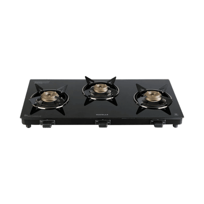 Havells Calore Toughened Glass Top 3 Burner Manual Gas Stove (Heavy Duty Brass Burner, Black)