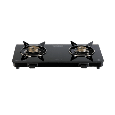 Havells Calore Toughened Glass Top 2 Burner Manual Gas Stove (Heavy Duty Brass Burner, Black)