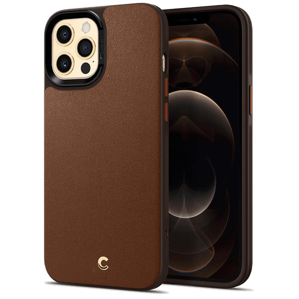 spigen Brick Soft Faux Leather, TPU & Polycarbonate Back Cover for Apple iPhone 12 Pro Max (Supports Wireless Charging, Saddle Brown)_1