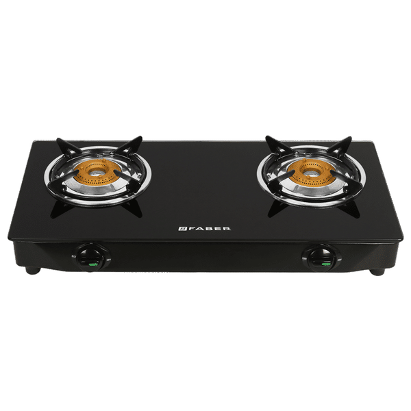 FABER Power Toughened Glass Top 2 Burner Manual Gas Stove (Powder Coated Round Pan Support, Black)_1