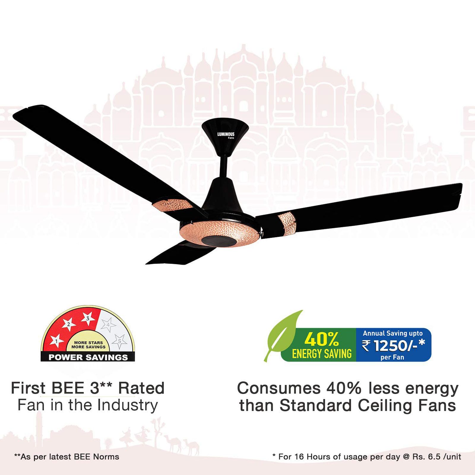 Buy LUMINOUS Jaipur Tamra 3 Star 1200mm 3 Blade High Speed Ceiling Fan ...