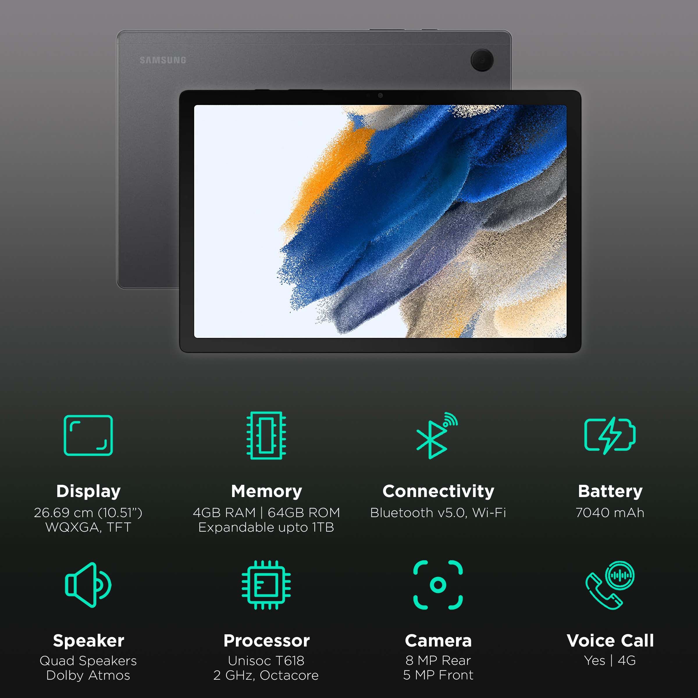 Buy SAMSUNG Galaxy Tab A8 Wi-Fi + 4G Android Tablet (10.5 Inch, RAM, 64GB ROM, Dark Grey) Online – Croma