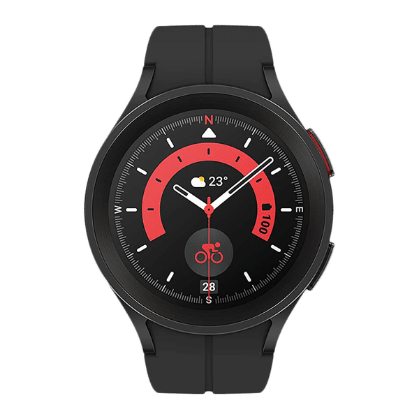 Buy SAMSUNG Galaxy Watch5 Pro Smartwatch with Bluetooth Calling (45mm Super  AMOLED Display, 50 Meter Water Resistant, Black Titanium Strap) Online –  Croma
