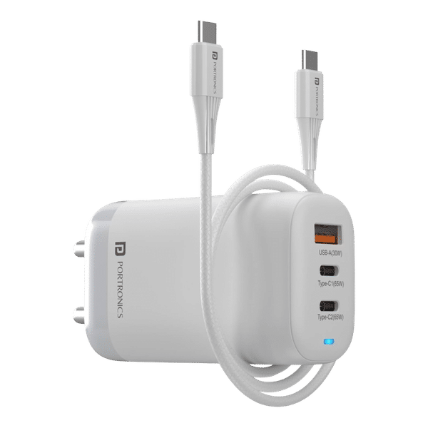 Portronics Adapto 65X 65W Type A & Type C 3-Port Fast Charger (Type C to Type C Cable, Smart IC Protection, White)_1