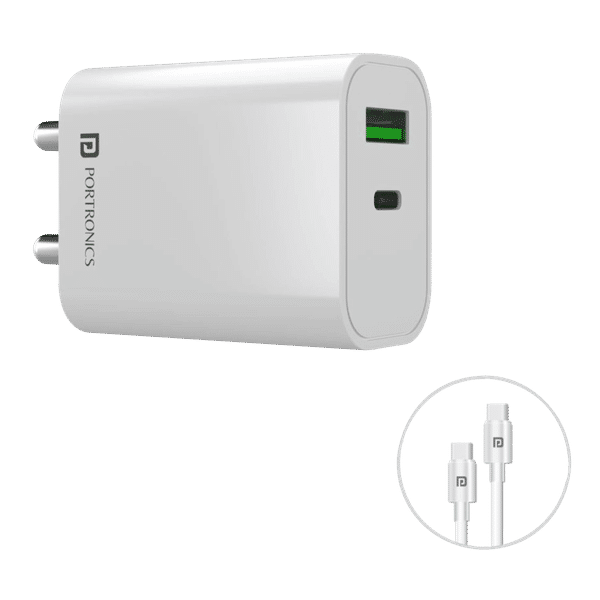Portronics Adapto 44 20W Type A & Type C 2-Port Fast Charger (Type C to Type C Cable, Multiple Protection, White)_1