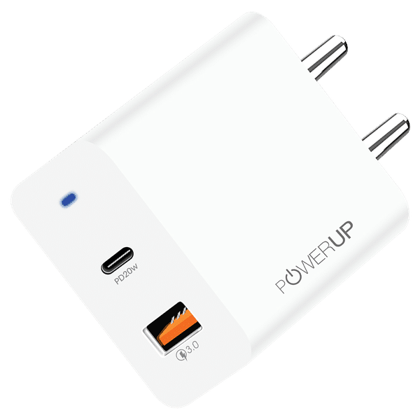 POWERUP 20W Type A & Type C 2-Port Fast Charger (Type C & Lightning Cable, Short-Circuit Protection, White)_1