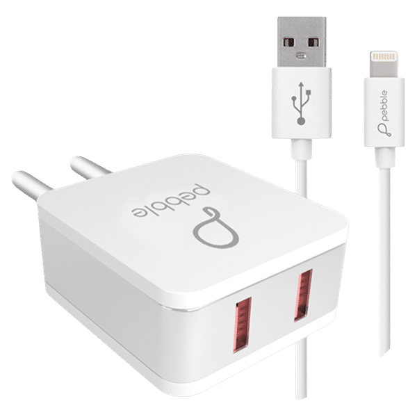 Pebble 12W Type A 2-Port Fast Charger (Type A to Lightning Cable, 10 Way Circuit Protection, White)_1
