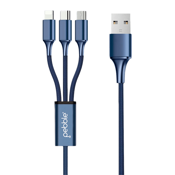 Pebble Type A to Type C, Micro USB, Lightning 3.3 Feet (1M) 3-in-1 Cable (Premium Nylon Braided, Blue)_1