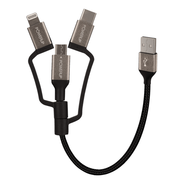 POWERUP Type A to Type C, Micro USB, Lightning 0.39 Feet (0.12M) 3-in-1 Cable (Tangle-free Design, Black)_1