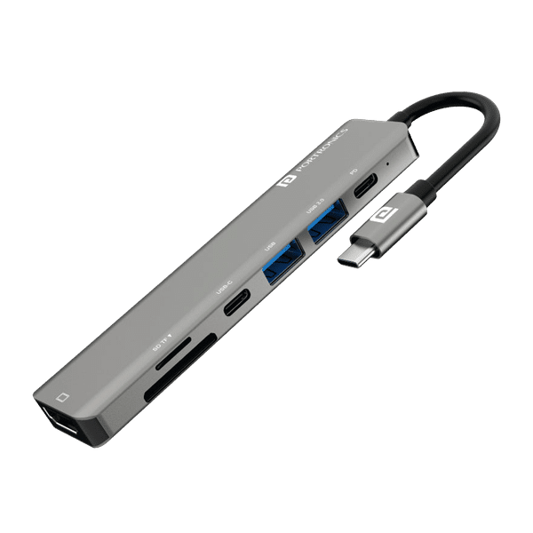 PORTRONICS Mport 52 7-in-1 USB Type C to USB 3.0 Type A, USB 3.0 Type C, HDMI, SD Card Slot, TF Card Multi-Port Hub (Up to 10 Gbps Data Transfer, Grey)_1