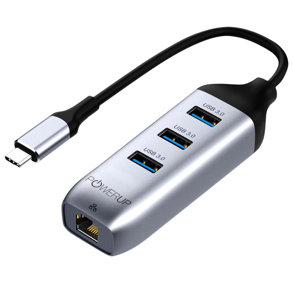 POWERUP Mini Splitter 4-in-1 USB 3.0 Type C to USB 3.0 Type A, LAN Port Multi-Port Hub (1000 Mbps Data Transfer Speed, Gun Metal)_1