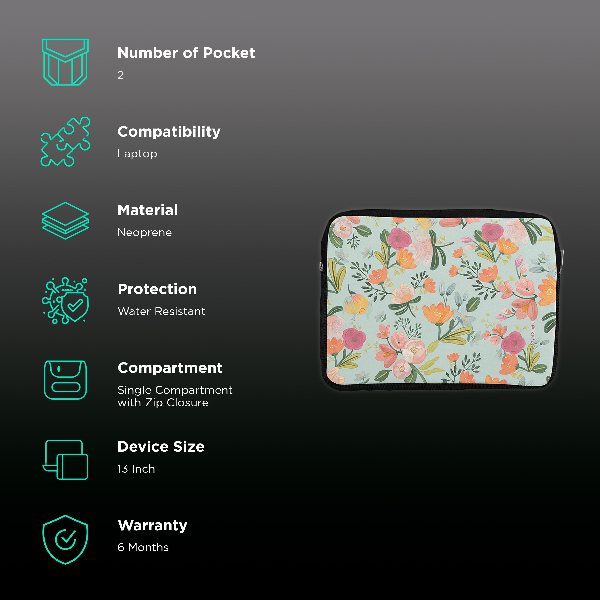 macmerise Payal Singhal Aqua Handpainted Flower Neoprene Laptop Sleeve for 13 Inch Laptop (Water Resistant, Multi Color)_3