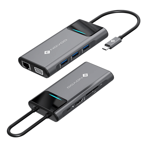 NOVOO Pro 9-in-1 USB 3.0 Type C to USB Type C, HDMI, SD Card Slot, TF Card, USB 3.0 Type A, VGA Port, LAN Port Multi-Port Hub (With LED Screen, Dark Grey)_1