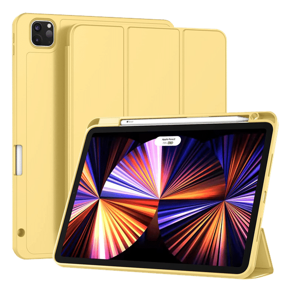 Vaku Stallion Trifold Polyurethane Leather, Silicone Flip Cover for Apple iPad Pro 11 Inch, iPad Air (4th Gen) (Wireless Charging Support, Yellow)_1