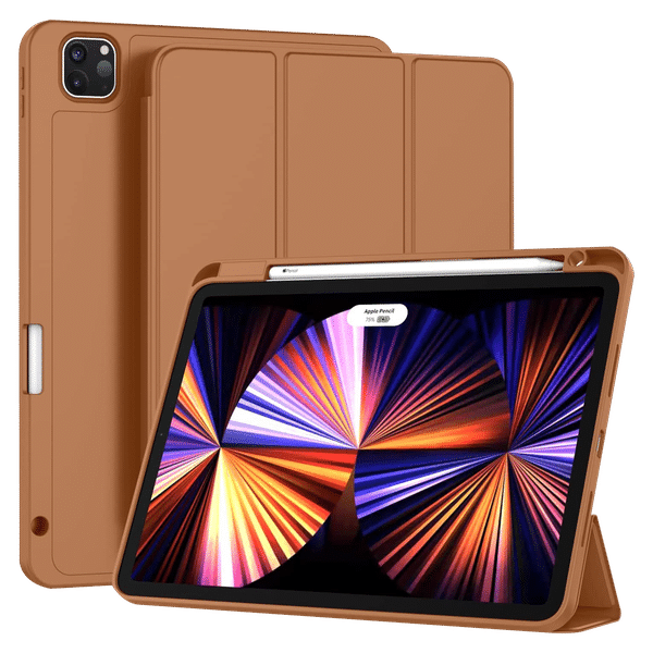 Vaku Stallion Trifold Polyurethane Leather, Silicone Flip Cover for Apple iPad Pro 11 Inch, iPad Air (4th Gen) (Wireless Charging Support, Brown)_1