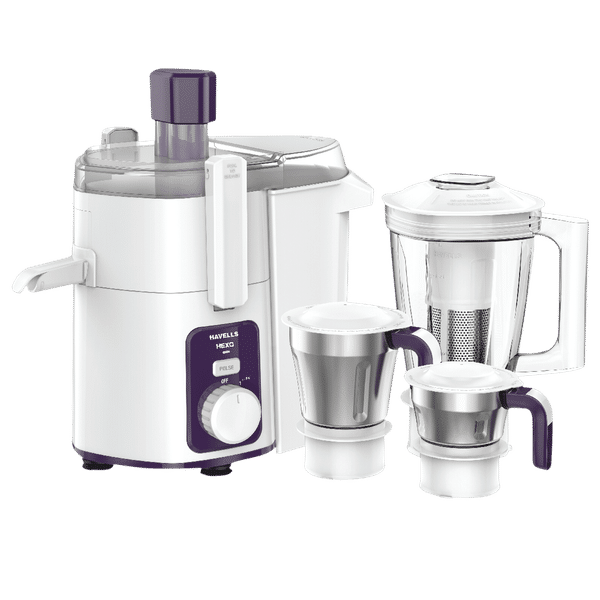 HAVELLS Hexo 1000 Watt 3 Jars Juicer Mixer Grinder (22000 RPM, ACS Technology, White/Purple)_1
