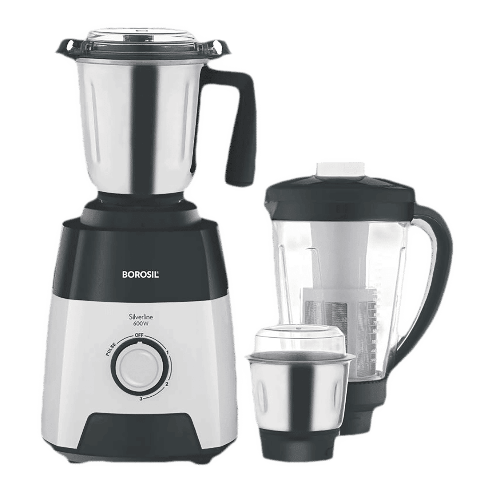 BOROSIL Silverline 600 Watt 3 Jars Mixer Grinder (20000 RPM, Anti-Skid Rubber Feet, Black/Silver)