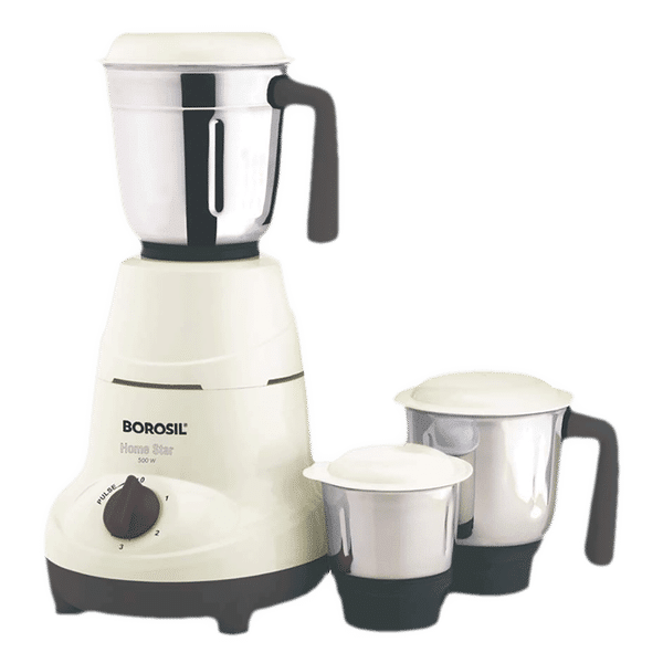 BOROSIL Home Star 500 Watt 3 Jars Mixer Grinder (20000 RPM, 3 Speed Control with Pulse Function, White)_1