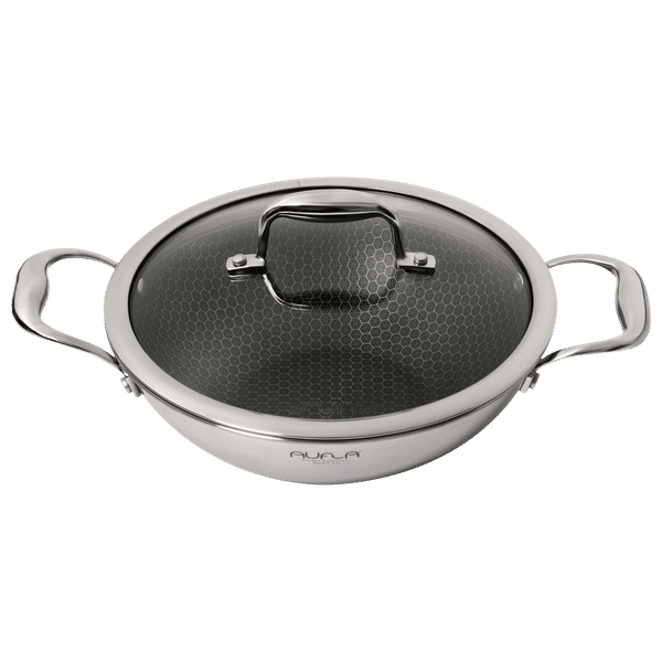 AUFLA NTHC 1.5L Non Stick Aluminium & Stainless Steel Kadhai with Glass Lid (Induction Compatible, Honeycomb Coating, Silver)_1