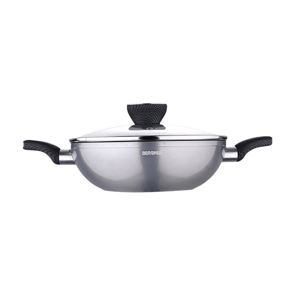 BERGNER Carbon TT 2.45L Non Stick Aluminium Kadhai with Tempered Glass Lid (Induction Compatible, Dishwasher Safe, Silver)_1