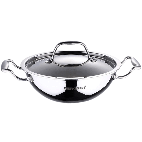 BERGNER Argent Triply 1.5L Non Stick Stainless Steel Kadhai with Stainless Steel Lid (Induction Compatible, Dishwasher Safe, Silver)_1