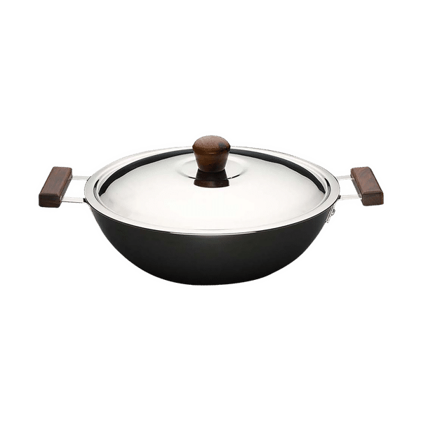 WONDERCHEF Ebony 4.5L Aluminium Wok with Stainless Steel Lid (Induction Compatible, Even Heat Distribution, Black/Brown)_1
