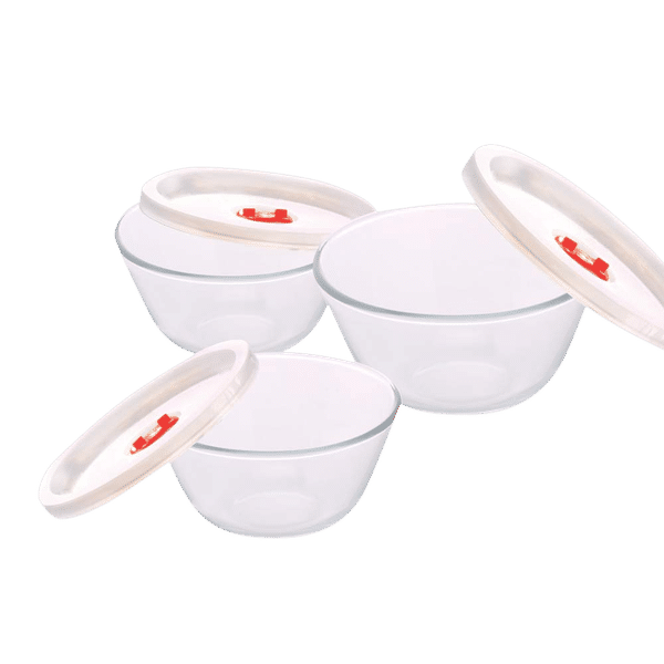 BOROSIL 500ml, 900ml & 1.3L Borosilicate Glass Mixing Bowl with White Lid (Set of 3, Scratch Resistant, Transparent)_1