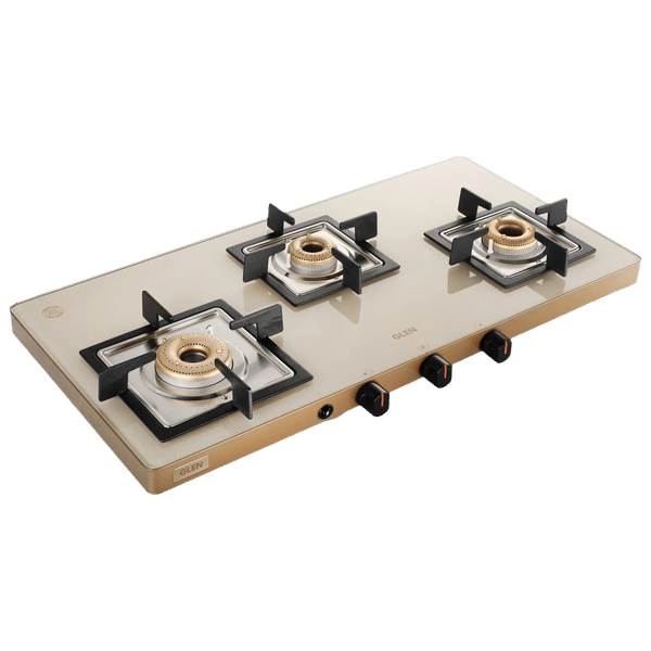 Glen Ultra Slim Toughened Glass Top 3 Burner Automatic Gas Stove (Vitreous Enamelled Pan Support, Apricot)_1