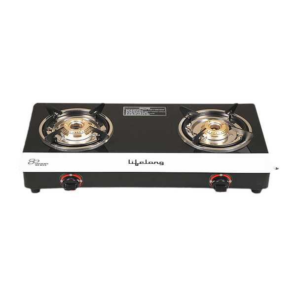 Lifelong LLGS211 Toughened Glass Top 2 Burner Automatic Gas Stove (Stainless Steel Drip Tray, Black/White)_1