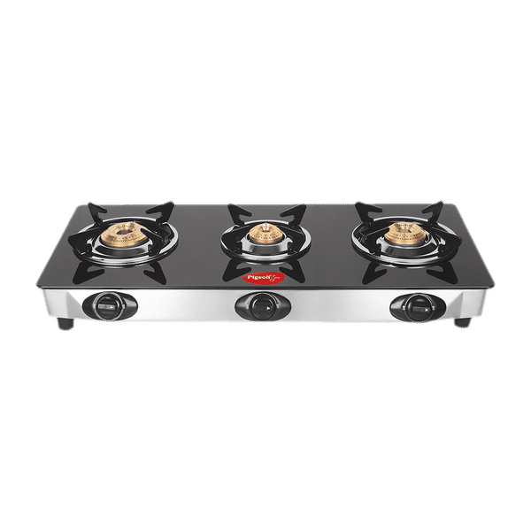 Pigeon Ayush Toughened Glass Top 3 Burner Manual Gas Stove (Unique Pan Support, Black)_1