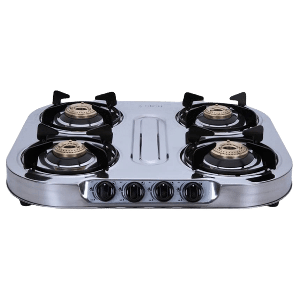 Elica INOX 604 SS 4 Burner Manual Gas Stove (Round Euro Coated Grid, Silver)_1
