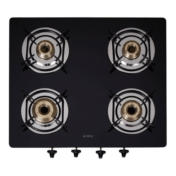 Elica 594 CT DT VETRO 1J Toughened Glass Top 4 Burner Manual Gas Stove (Round Euro Coated Grid, Black)_1