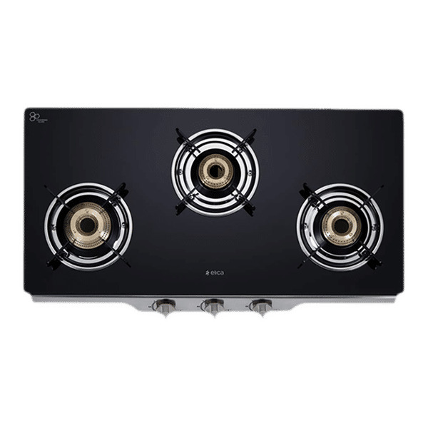 Elica Patio ICT 773BK(SS DT SE) Toughened Glass Top 3 Burner Automatic Gas Stove (Round Euro Coated Grid, Black)_1