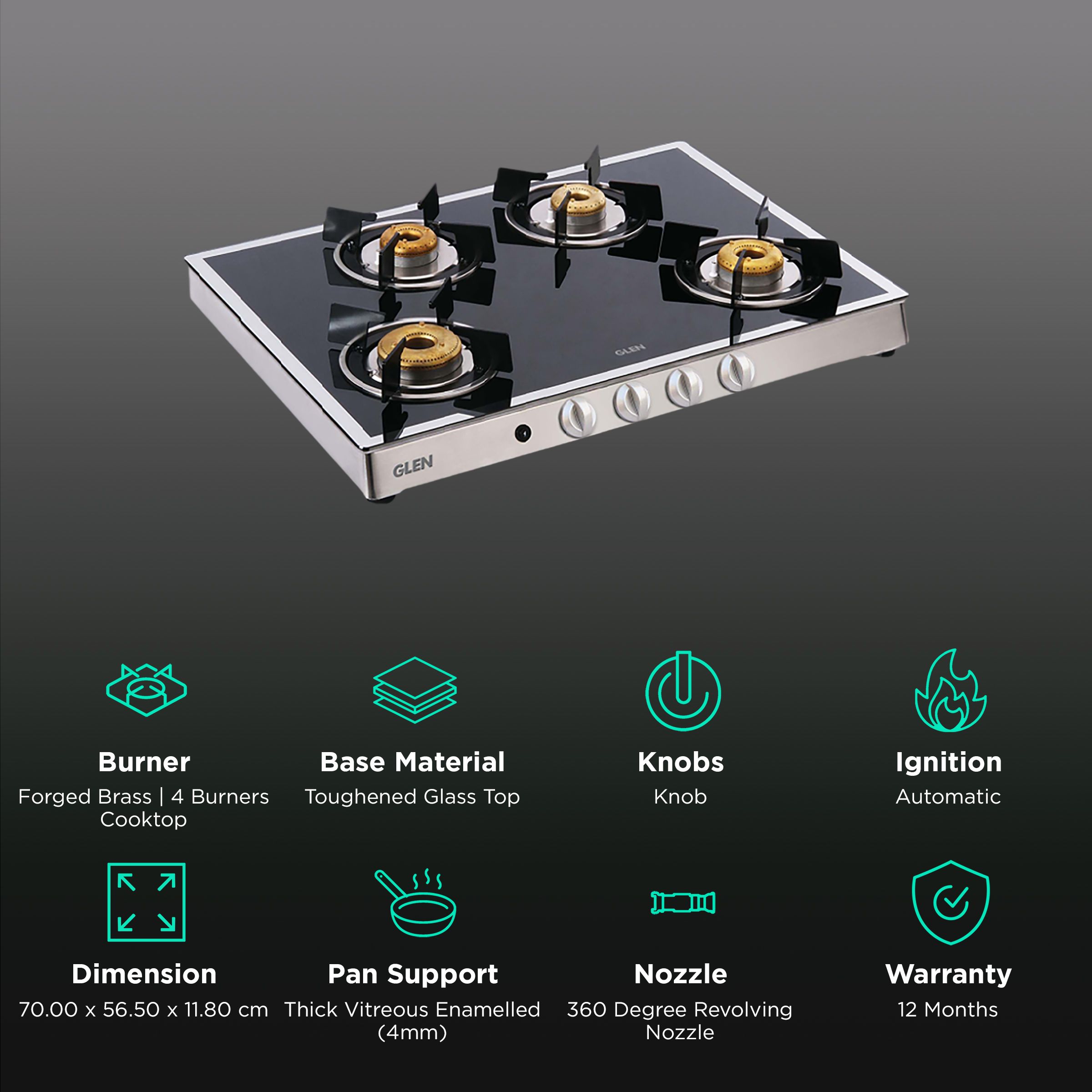 Buy Glen 1048GT FBMAI Toughened Glass Top 4 Burner Automatic Gas Stove ...