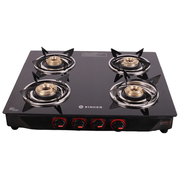 Singer Maxiflare Toughened Glass Top 4 Burner Manual Gas Stove (Powder Coated Pan Support, Black)_1