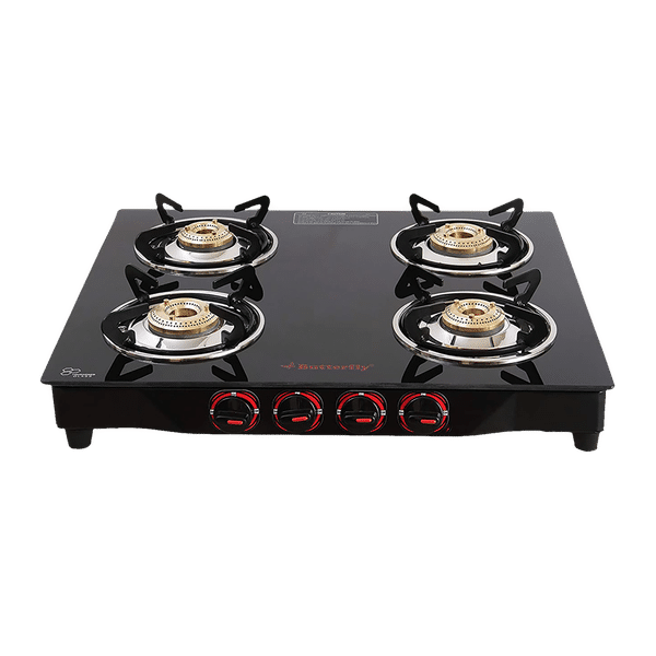Butterfly Wave Toughened Glass Top 4 Burner Manual Gas Stove (Rust Free Pan Stand, Black)_1