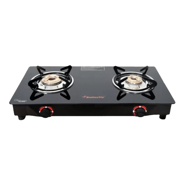 Butterfly Wave Toughened Glass Top 2 Burner Manual Gas Stove (Rust Free Pan Stand, Black)_1